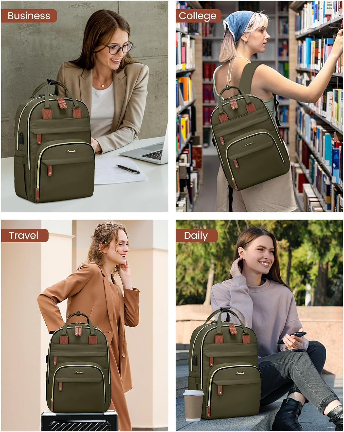 Laptop Backpack for Men & Women Unisex Travel Anti-Theft Bag Business Work Computer Backpacks Purse College Bag, Casual Hiking Daypack with Lock, 15.6 Inch, Army Green