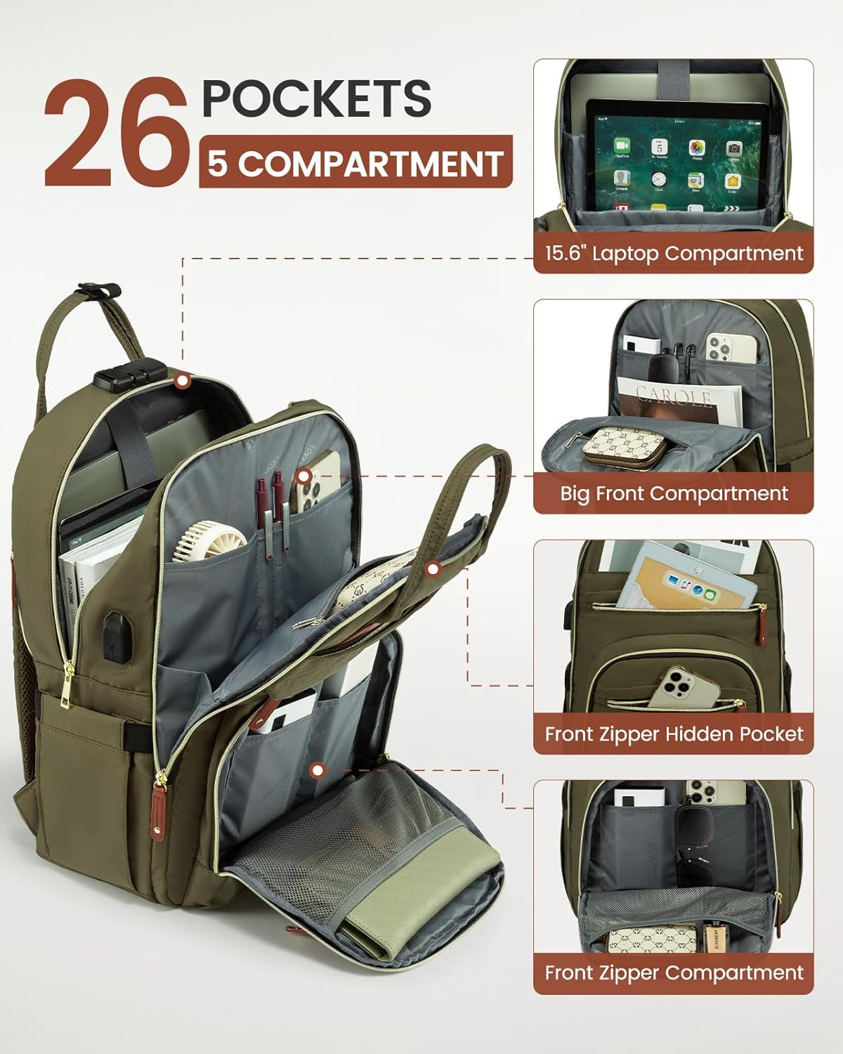 Laptop Backpack for Men & Women Unisex Travel Anti-Theft Bag Business Work Computer Backpacks Purse College Bag, Casual Hiking Daypack with Lock, 15.6 Inch, Army Green