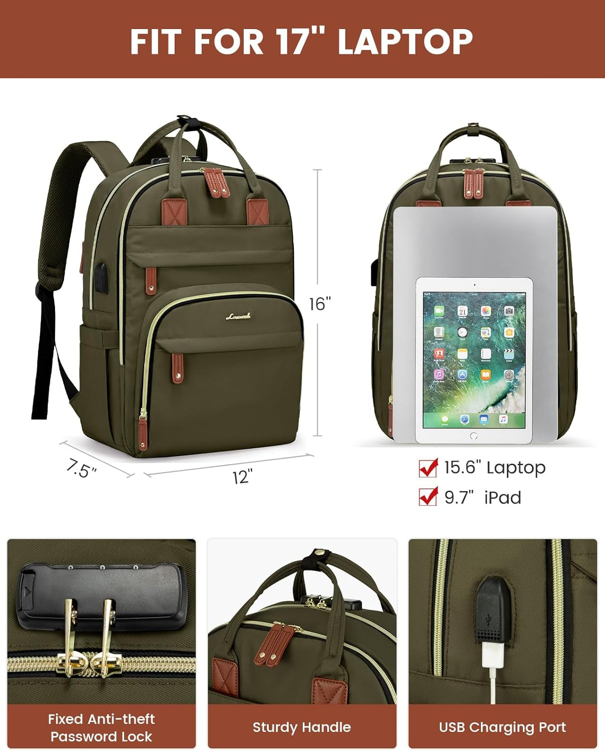 Laptop Backpack for Men & Women Unisex Travel Anti-Theft Bag Business Work Computer Backpacks Purse College Bag, Casual Hiking Daypack with Lock, 15.6 Inch, Army Green