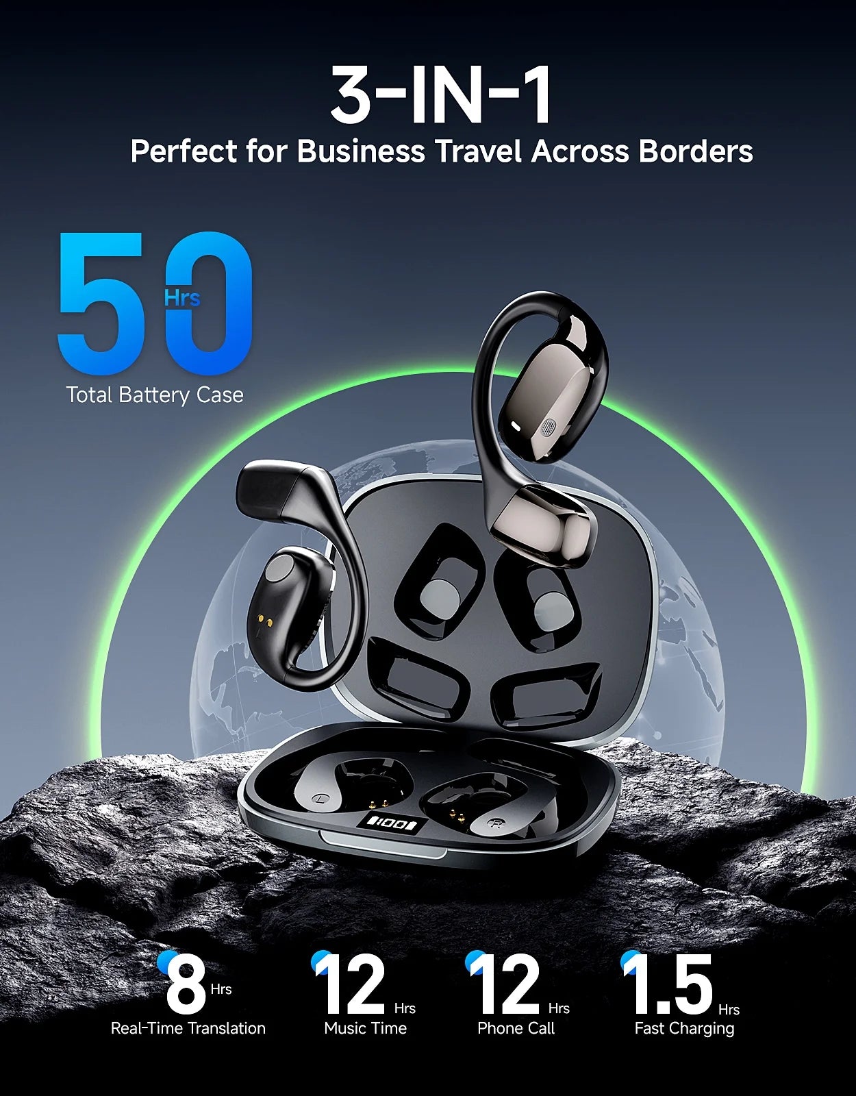 AI Translation Earbuds, Real Time Translator Earphones for 144 Languages, Wireless Bluetooth Headphones Compatible with Ios & Android, Ideal for Travel Business