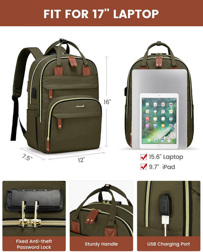 Laptop Backpack for Men & Women Unisex Travel Anti-Theft Bag Business Work Computer Backpacks Purse College Bag, Casual Hiking Daypack with Lock, 15.6 Inch, Army Green